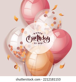 Square Birthday card with Balloons and handwritten lettering. Birthday party, celebration, holiday, event, festive, congratulations concept. Vector illustration. Postcard, card, cover template.