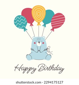A square birthday card, birthday poster with a wild bear and colorful balloons. Vector cute design