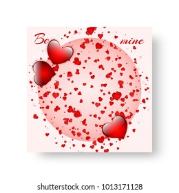 Square Birthday greeting card design with glowing red hearts and falling confetti for a festive decoration for St. Valentine's Day
