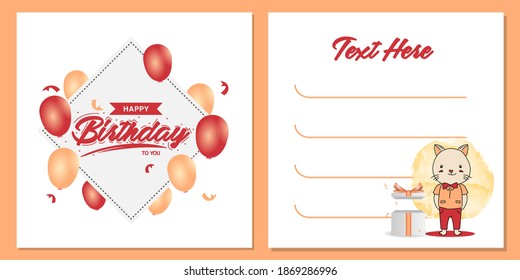 Square birthday party invitation card template design with cat character design