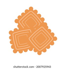 Quadratische Kekse auf isoliertem Hintergrund. Aperitif oder Nachtisch. Flaches Design-Element. Ungesunde Lebensmittel. Illustration. Vektorgrafik.