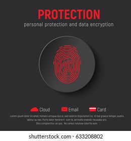 square black banner with a round button and a red fingerprint. Template for a web site for the protection of personal information. Vector illustration