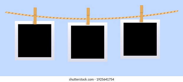 Square black blank photo set mockup hungled on string. Realistic empty template for collage with clothespin on white frame.