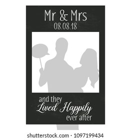 Square black board chalk photobooth frame with Mr&Mrs They Lived Happily Ever After. Strike a Pose photoshooting.