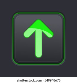 Square black button with green arrow. Up icon. Vector 3d illustration.