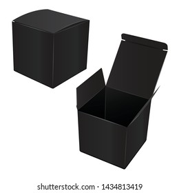 Square Black Cardboard Package Box. Vector Illustration set. Mock Up Template