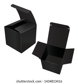 Square Black Cardboard Plastic Package Box. Top view Illustration set. Mock Up Template