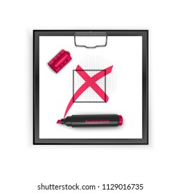 Square Black clipboard with Red cross mark icon. Grunge check mark vector illustration.