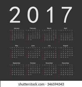 Square black English 2017 year vector calendar. Week starts from Sunday.