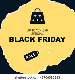 Anuncio cuadrado de Web Black Friday con papel rasgado alrededor de los bordes. Texto en el centro. Bolso de la compra y etiqueta con las palabras Venta. Ilustración vectorial. Plantilla, maquetación, póster y Anuncio para ventas, descuentos