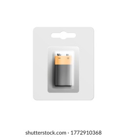 Square black and gold battery in plastic pack mockup, realistic vector illustration isolated on white background. Template of electric charger or accumulator.