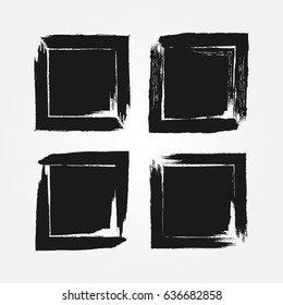 Square black grunge backgrounds. Rough frames painted with a brush. Set of four isolated elements. Vector illustration.