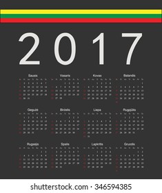 Square black Lithuanian 2017 year vector calendar. Week starts from Sunday.
