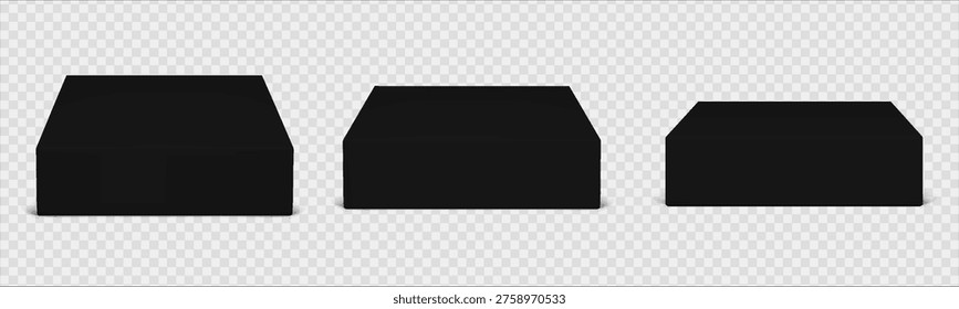 Square black podium with 3d cube platform set for product display on transparent background. Stand and base with stone texture. Mockup for showcase design isolated vector. Block in different position.