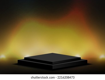 Square black podium with glowing effect design on dark background. Stage empty for product display, advertising, show, contest, award, and winner. Vector illustration.