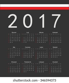 Square black Polish 2017 year vector calendar. Week starts from Sunday.