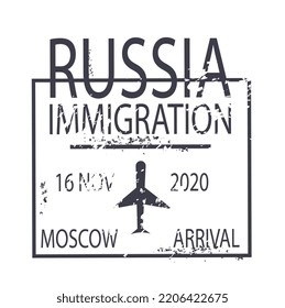 Square black seal. Passport stamp for traveling to Russia with airplane icon. Tourism, vacation and recreation, visa and legislation. International interaction. Cartoon flat vector illustration