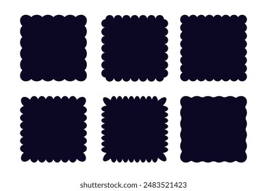 Square black shapes with wavy edges. Curve borders sticker templates.