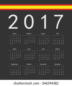 Square black spainish 2017 year vector calendar. Week starts from Sunday.