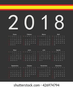 Square black Spainish 2018 year vector calendar. Week starts from Sunday.