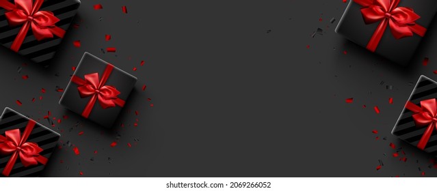 Caixa de presente listrada preta quadrada com arco vermelho. Confete preto e vermelho. Espaço para texto. Ilustração vetorial.