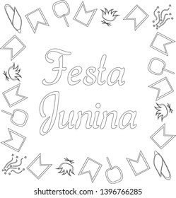 Square black and white banner for Festa Junina. Brazil June Festival. Text surrounded by flags, confetti, corn, caramel apples and bonfires. Vector