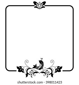 Square black and white border frame with doodle flowers and bird. Can be used for decoration and design photo frame, menu, card, scrapbook, album. Vector Illustration