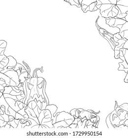 Square black and white card. Corner frame with leaves, smiling pumpkins White background. Hand line drawing. Template for Halloween card. Happy horror pumpkin. Interesting silhouette for coloring book