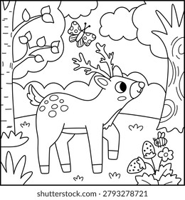 Square black and white cartoon scene with deer, birch tree, butterfly. Forest background with cute animal. Nature line woodland landscape, coloring page with reindeer for kids
