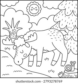 Square black and white cartoon scene with elk drinking water from stream, fir tree, sun. Forest line background with cute animal. Nature woodland landscape, coloring page with moose for kids
