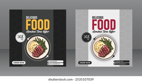 Square Black and White Delicious Food Plate Posters For Marketing Purposes, Food Banner, Food Poster, Food Flyer, Restaurant Flyer, Restaurant Banner, Restaurant Poster,Ads Poster, Ads Banner