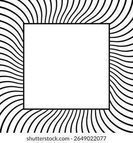 Quadro quadrado preto e branco com raios curvos em estilo retrô. Design arrojado e dinâmico com estética vintage, simetria radiante e contraste gráfico