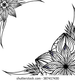 Square black and white frame with doodle leaves and flowers. Vector element for invitations, greeting cards, cards, and your design