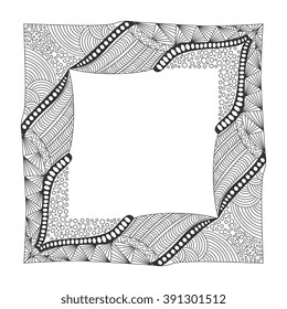Square black and white  frame with ornament  doodle style. Background. Decorative element for your design