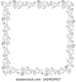 Square black and white frame for September 1 from pencils, pens, compasses, alarm clocks, notebooks, textbooks, backpacks and backpacks. Coloring book. Vector.