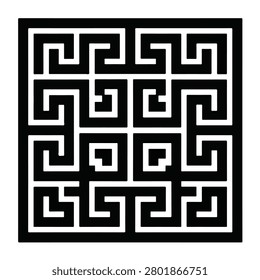 A square black and white geometric meander pattern inspired by ancient Greek key designs featuring symmetrical labyrinthine lines illustration