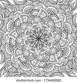 Square black and white hand drawn outline vector flower mandala colouring page for children, adults. Zentangle line art for meditation. Monochromic yoga print with plenty of details. EPS10, editable. 