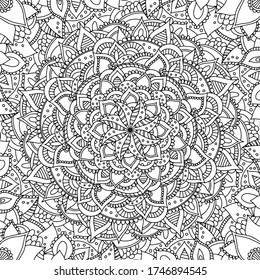 Square black and white hand drawn outline vector flower mandala colouring page for children, adults. Zentangle line art for meditation. Monochromic yoga print with plenty of details. EPS10, editable. 