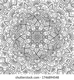Square black and white hand drawn outline vector flower mandala colouring page for children, adults. Zentangle line art for meditation. Monochromic yoga print with plenty of details. EPS10, editable. 