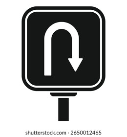 Square black and white road sign showing a u turn is facing toward oncoming traffic