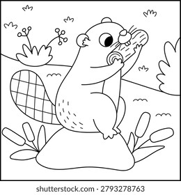 Square black and white scene with beaver nibbling tree log, stream, reads. Forest line background with cute cartoon animal. Nature woodland story book landscape, coloring page for kids
