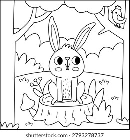 Square black and white scene with rabbit sitting on tree stump. Forest line background with cute cartoon animal. Nature woodland story book landscape, coloring page with hare for kids
