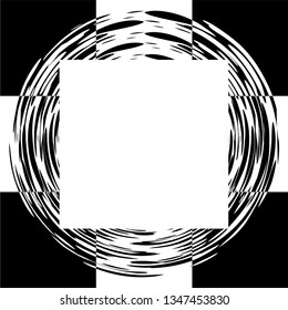 Square black and white spiral background. Monochrome frame with dynamic curves. Business cards, invitations, gift cards, flyers, brochures. Space for text. Pen strokes.