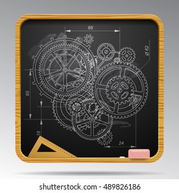 Square blackboard with chalk drawing of gear wheels. Design and engineering concept vector illustration