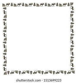 Square black-gold frame from hand-drawn deer carrying a sleigh with gifts and Christmas trees in Scandinavian style for New Year and Xmas on a white background. Template for text. Vector.