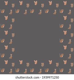 The square blank frame of cartoon African fennec foxes, bush hares, South American noses, and spider monkeys toys with outlines like stickers on a gray background. A place for text. Vector.