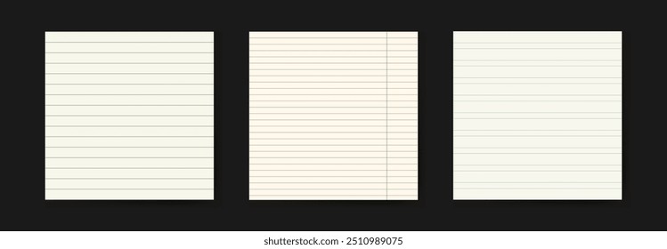 Square blank lined paper backgrounds for scrapbooking or school collages. Blank notebook pages with different line widths. Realistic pages for education, homework.