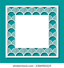 Square blank with openwork edge. White mockup of card, certificate, wedding invitation. Template for plotter laser cutting of paper, fretwork, wood carving, metal engraving, cnc. Vector illustration.