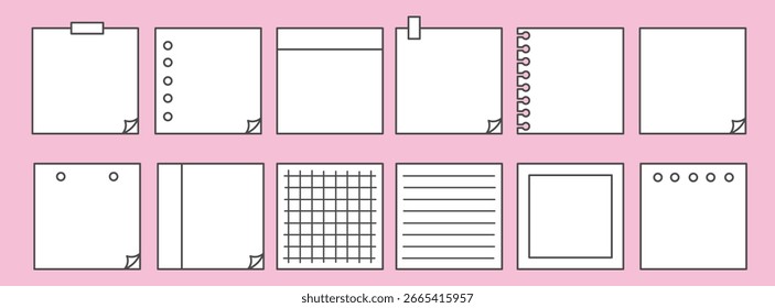 square blank paper for notes set in doodle style in vector. elements for decor postcard design print sticker poster background