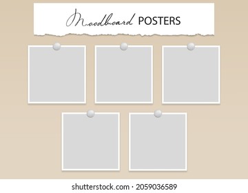 Square Blank photo cards on pins. 5 empty posters or paper sheets for note with white border. Mood board template. Vector realistic Mockup. EPS10.